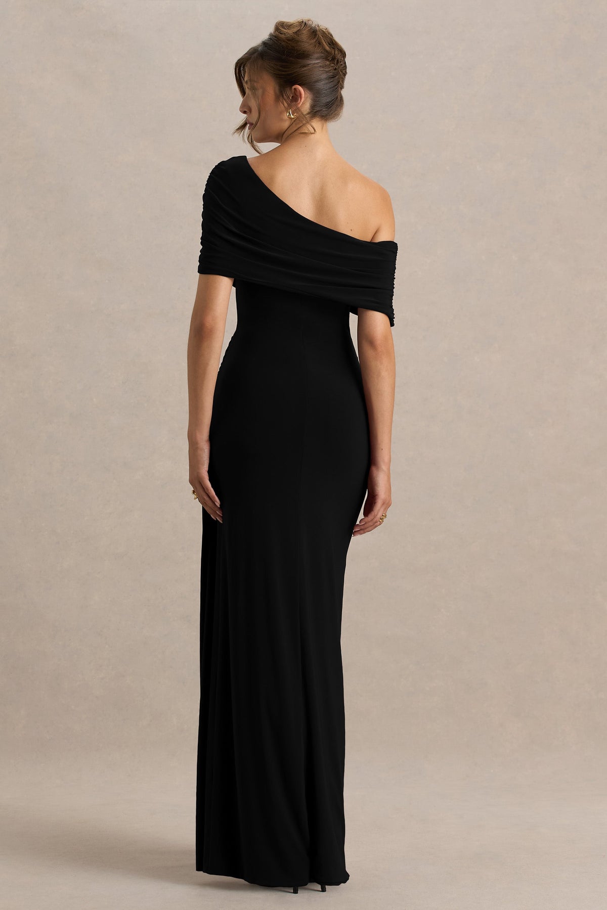 Dynasty | Black Asymmetric-Neck Maxi Dress With Ruched Detailing And Front High-Split