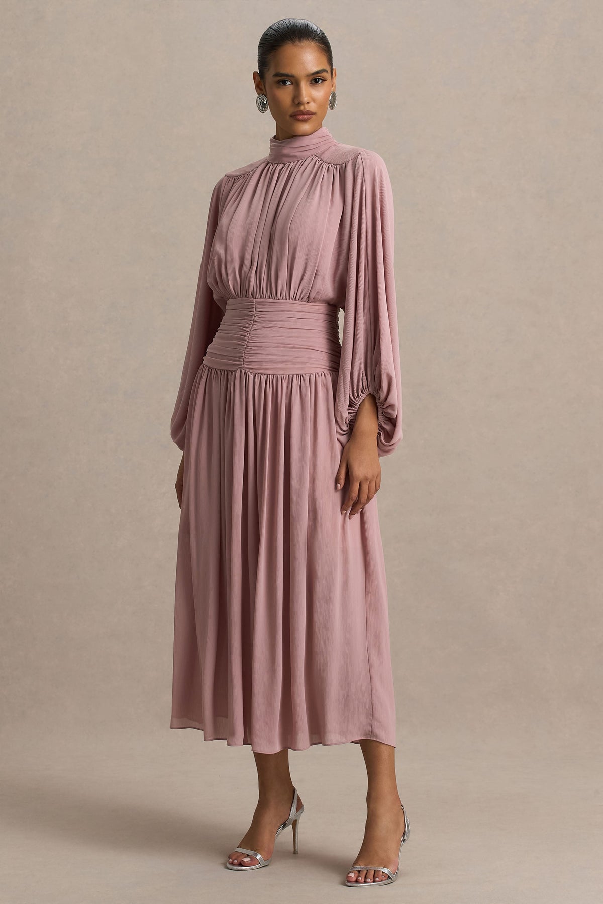 Annabel | Dusty Pink High-Neck Midi Dress With Drop-Waist And Pleated Detailing