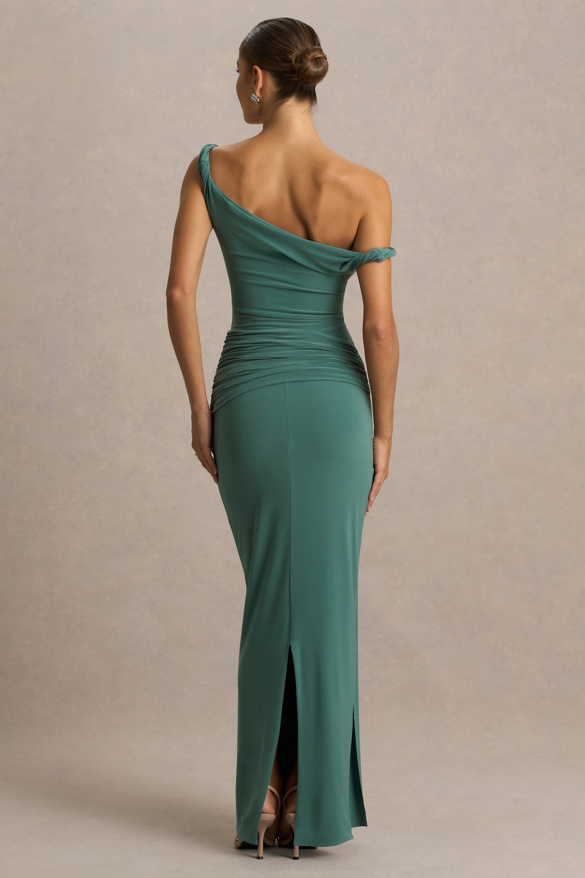 Tulisa | Green Asymmetric-Neck Maxi Dress With Twist Sleeves And Ruched Detailing