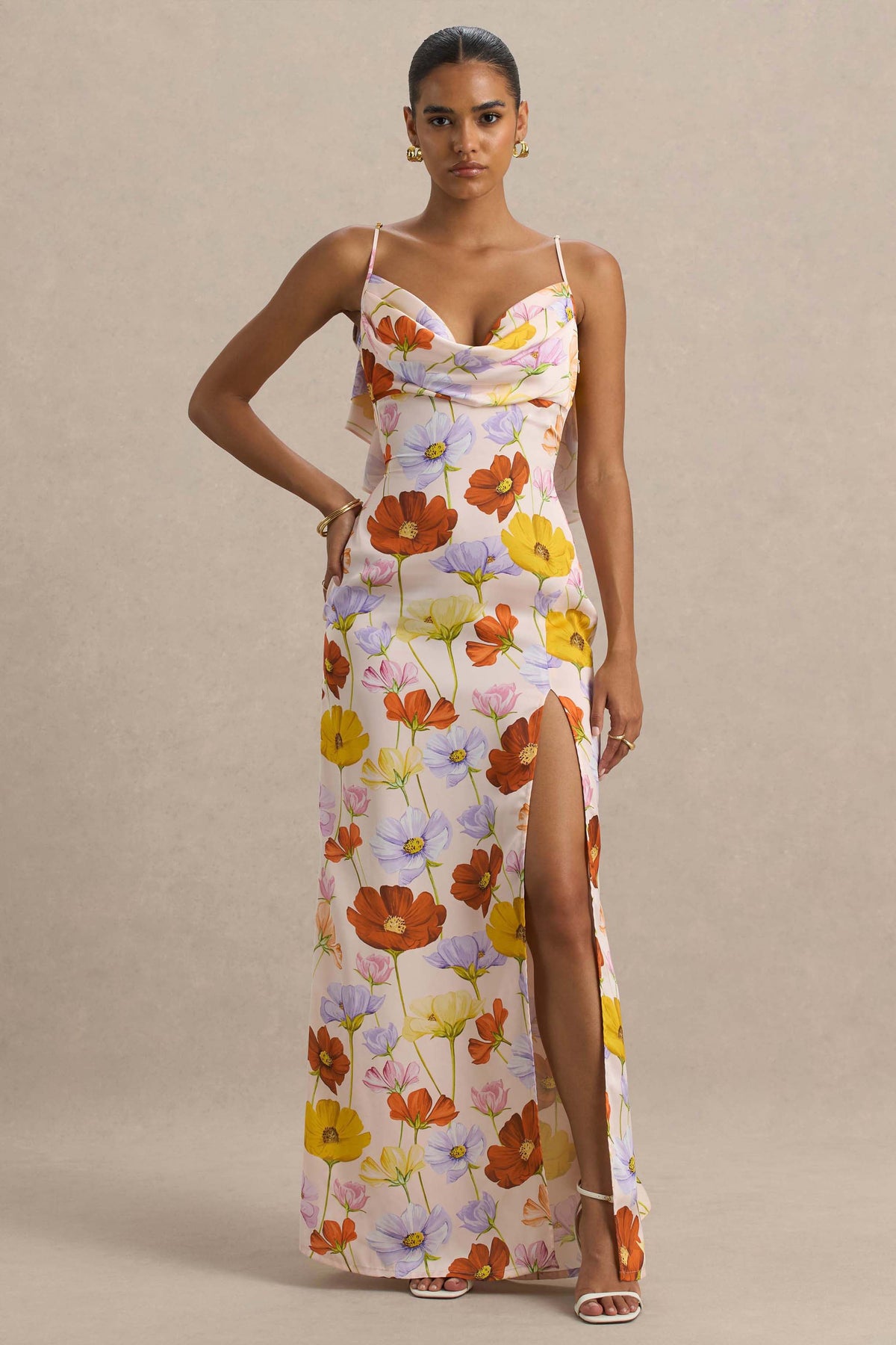 Thames | Bright Floral Print Satin Cowl-Neck Maxi Dress