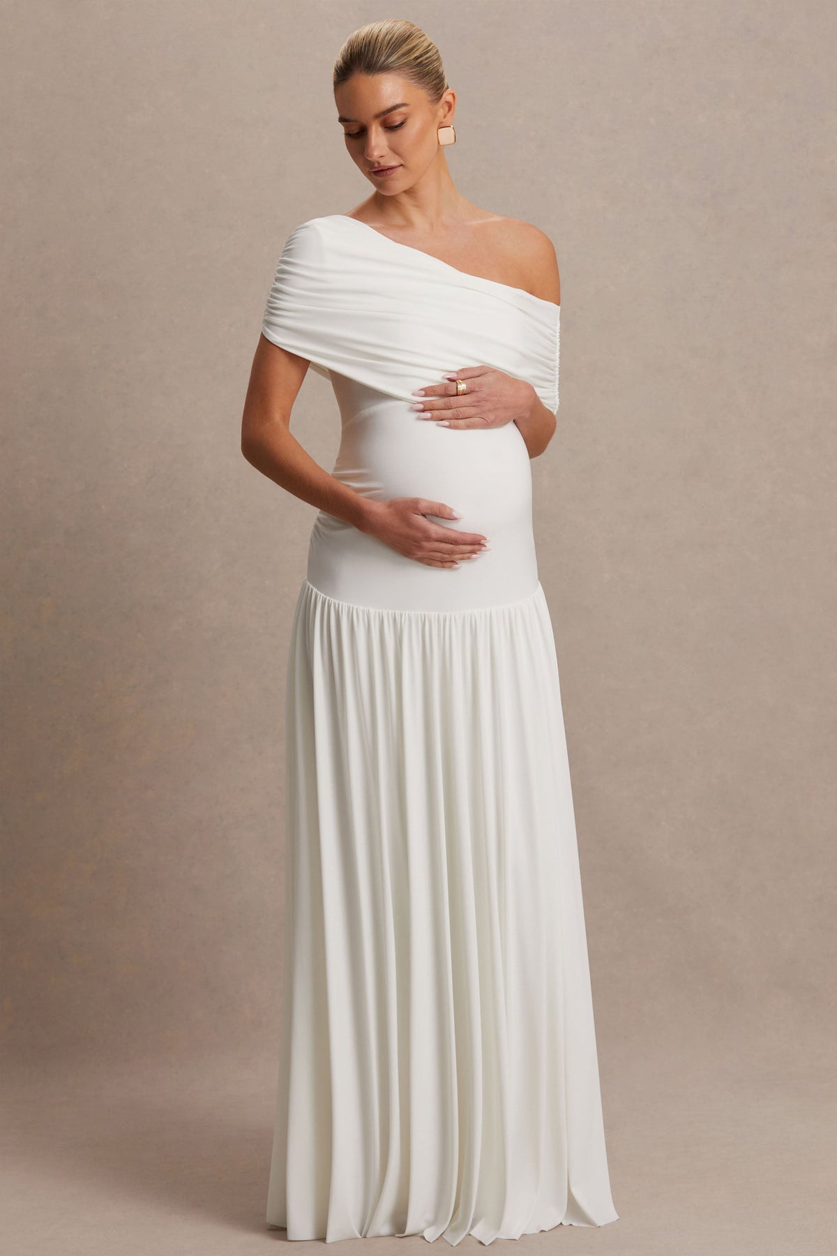 Noah | White Jersey Ruched One Shoulder Maternity A-Line Maxi Dress With Drop Waist