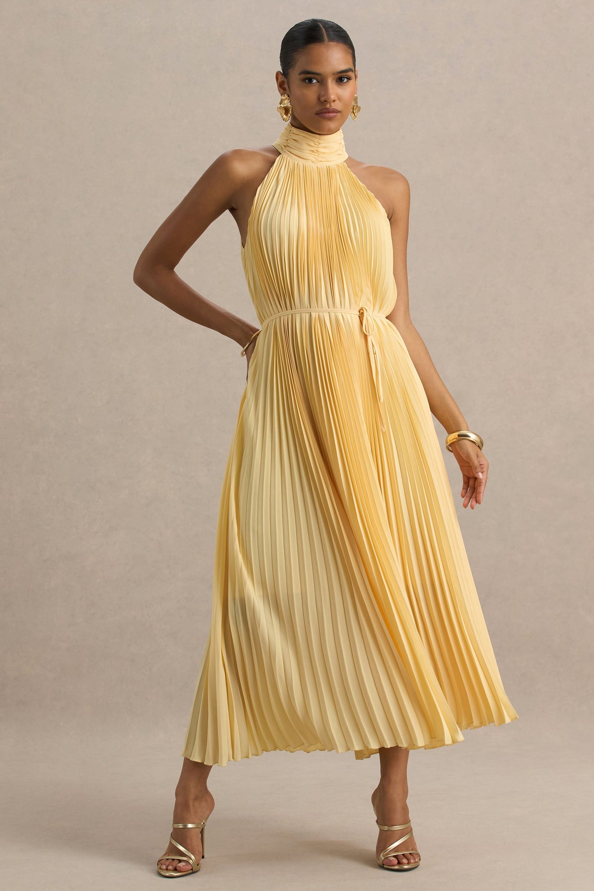 Tulip | Lemon Pleated High-Neck Midi Dress