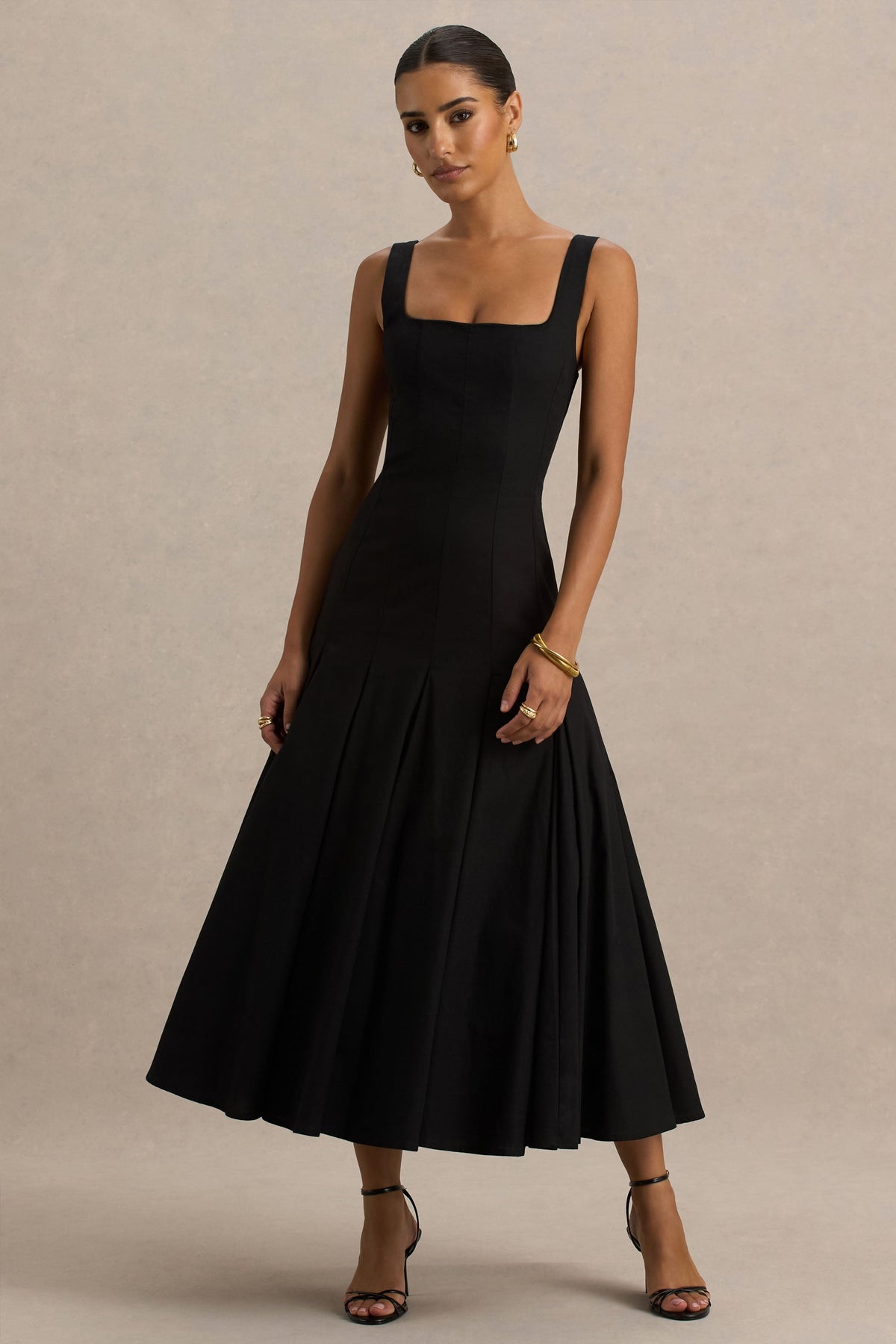 Magnolia | Black Scoop-Neck Midi Dress With Drop-Waist And Ruffling Detail