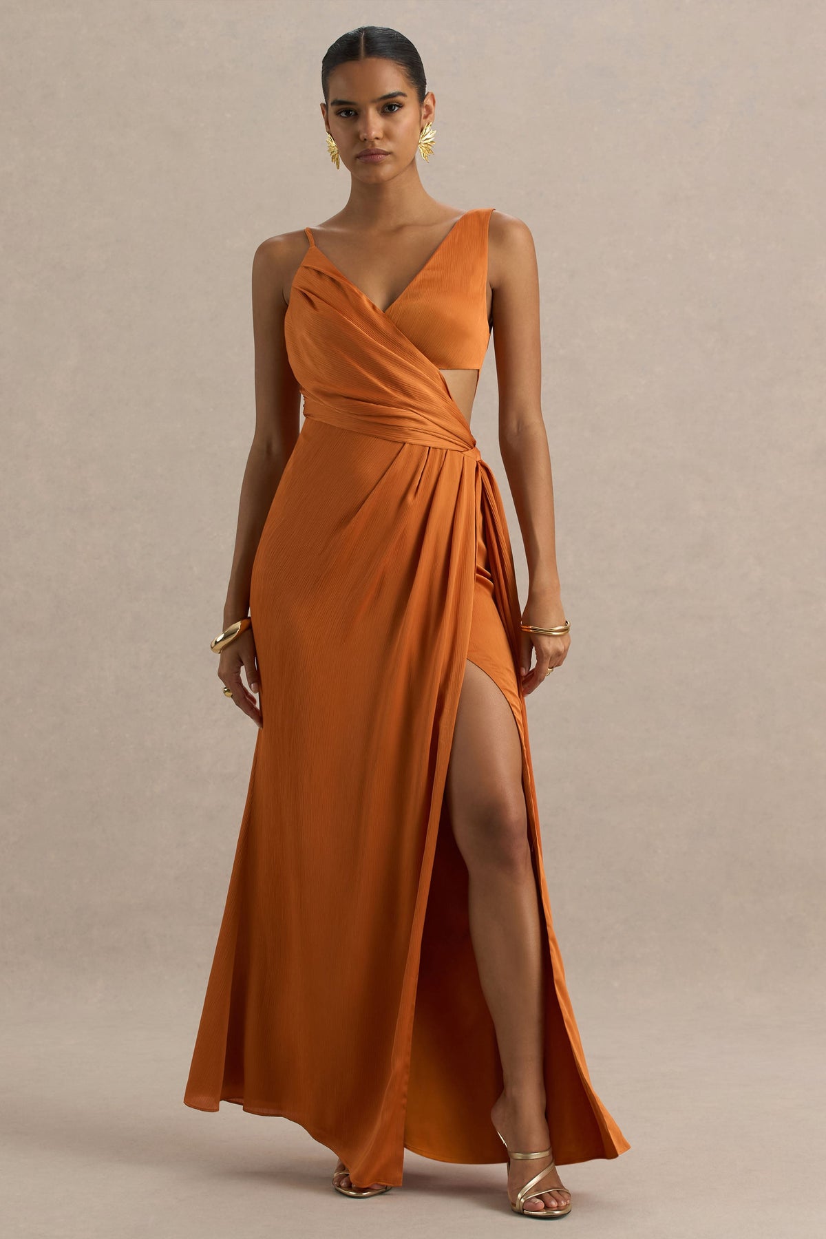 Livia | Orange Plunge-Neck Fishtail Maxi Dress