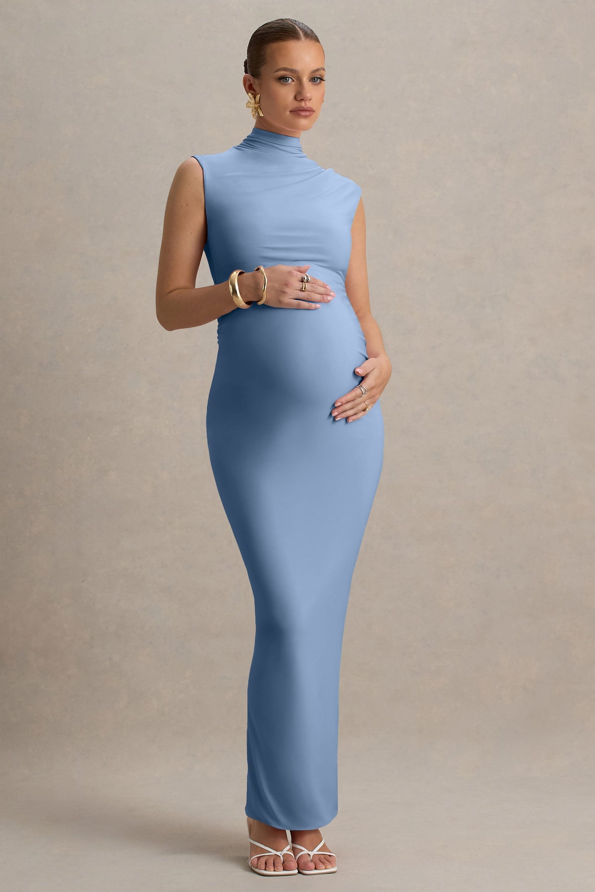 Kienna | Powder Blue Ruched High-Neck Maternity Maxi Dress