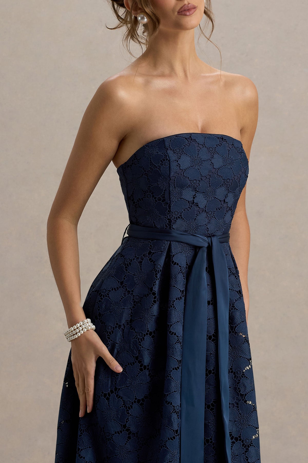 Shania | Navy Lace Bandeau Skater Midi Dress
