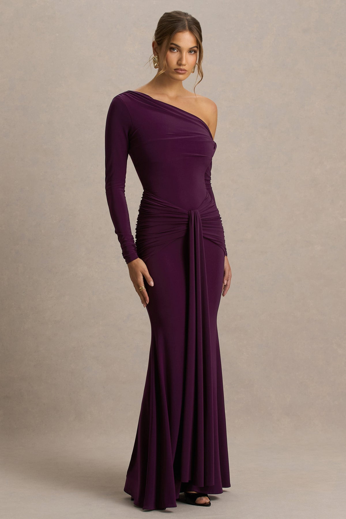 Clover | Burgundy Asymmetric-Neck Wrapped Maxi Dress With Sash