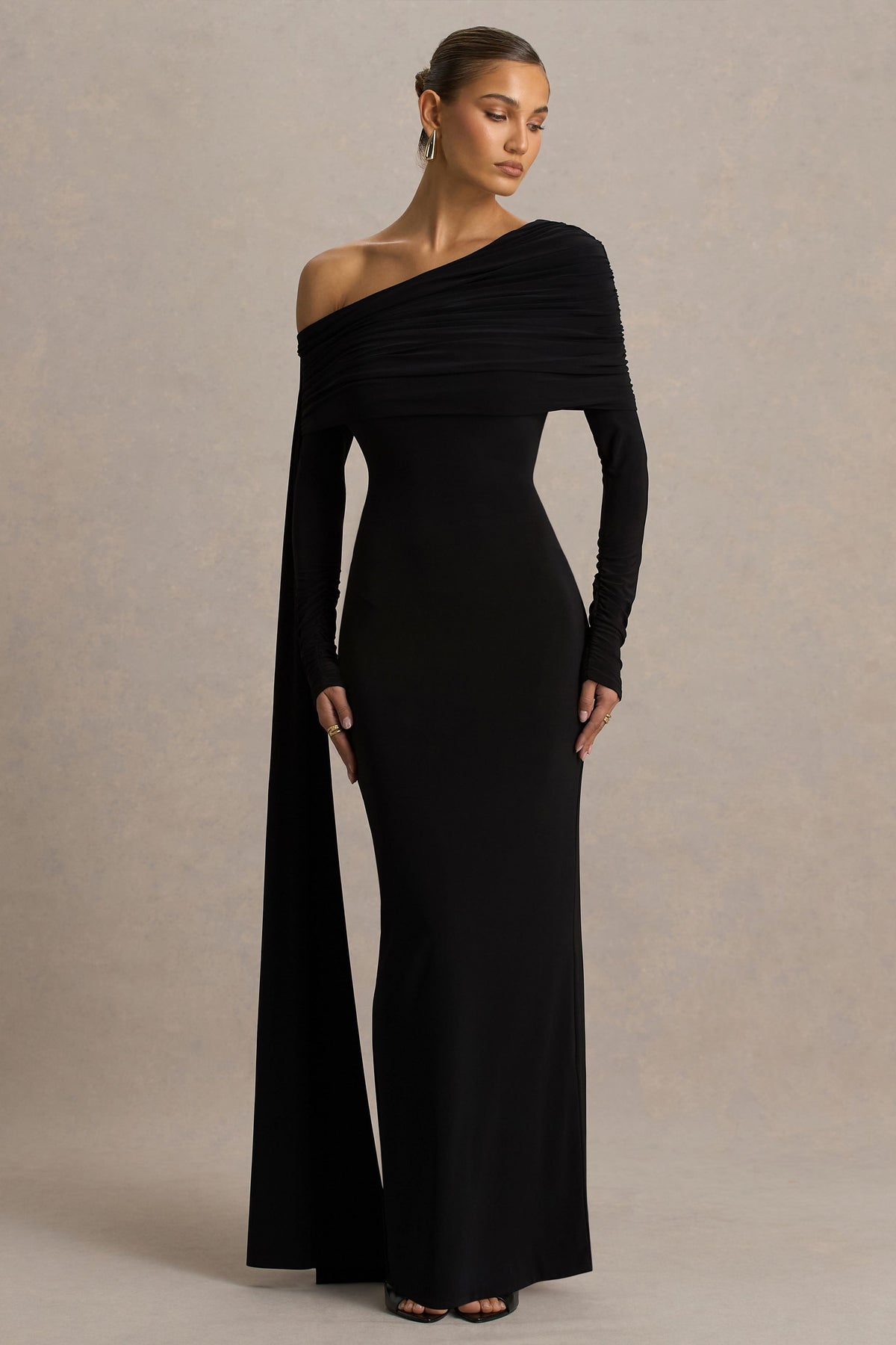 Octavia | Black Bardot-Neck Maxi Dress With Cape And Ruched Detailing