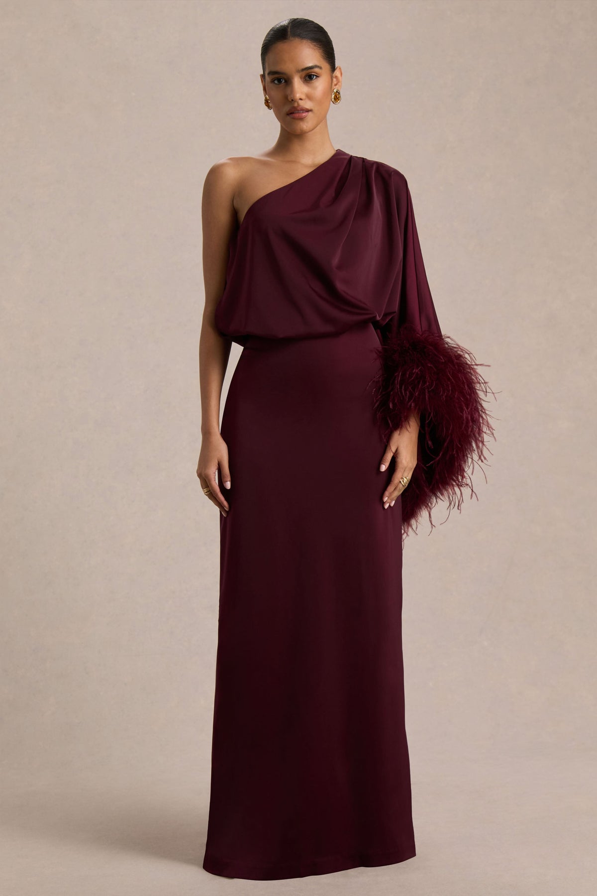 Felicity | Burgundy Satin Asymmetric-Neck Maxi Dress With Feather Detailing