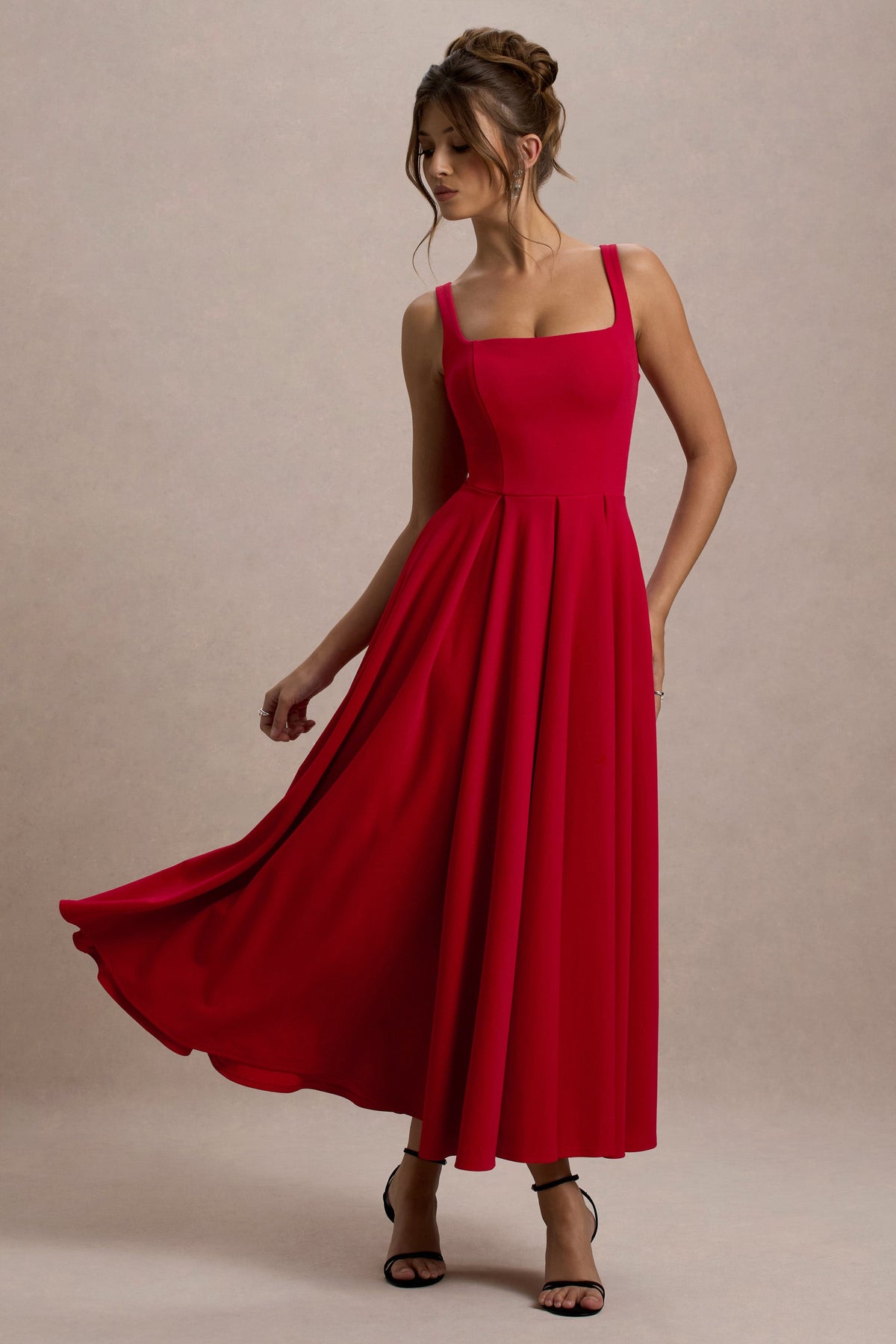 Parina | Red Scuba Square Neck A-Line Midi Dress