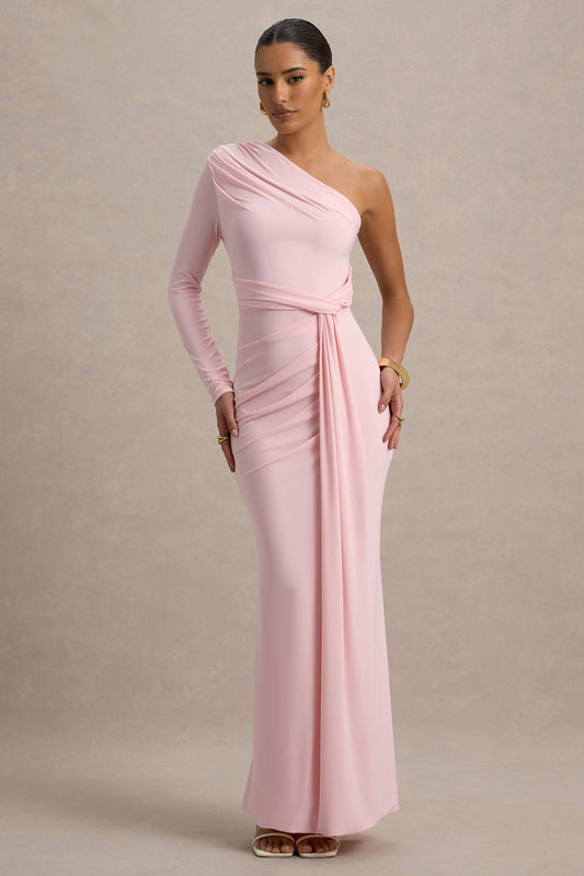 Sanya | Blush Pink Asymmetric One Sleeve Wrap Maxi Dress with Drape