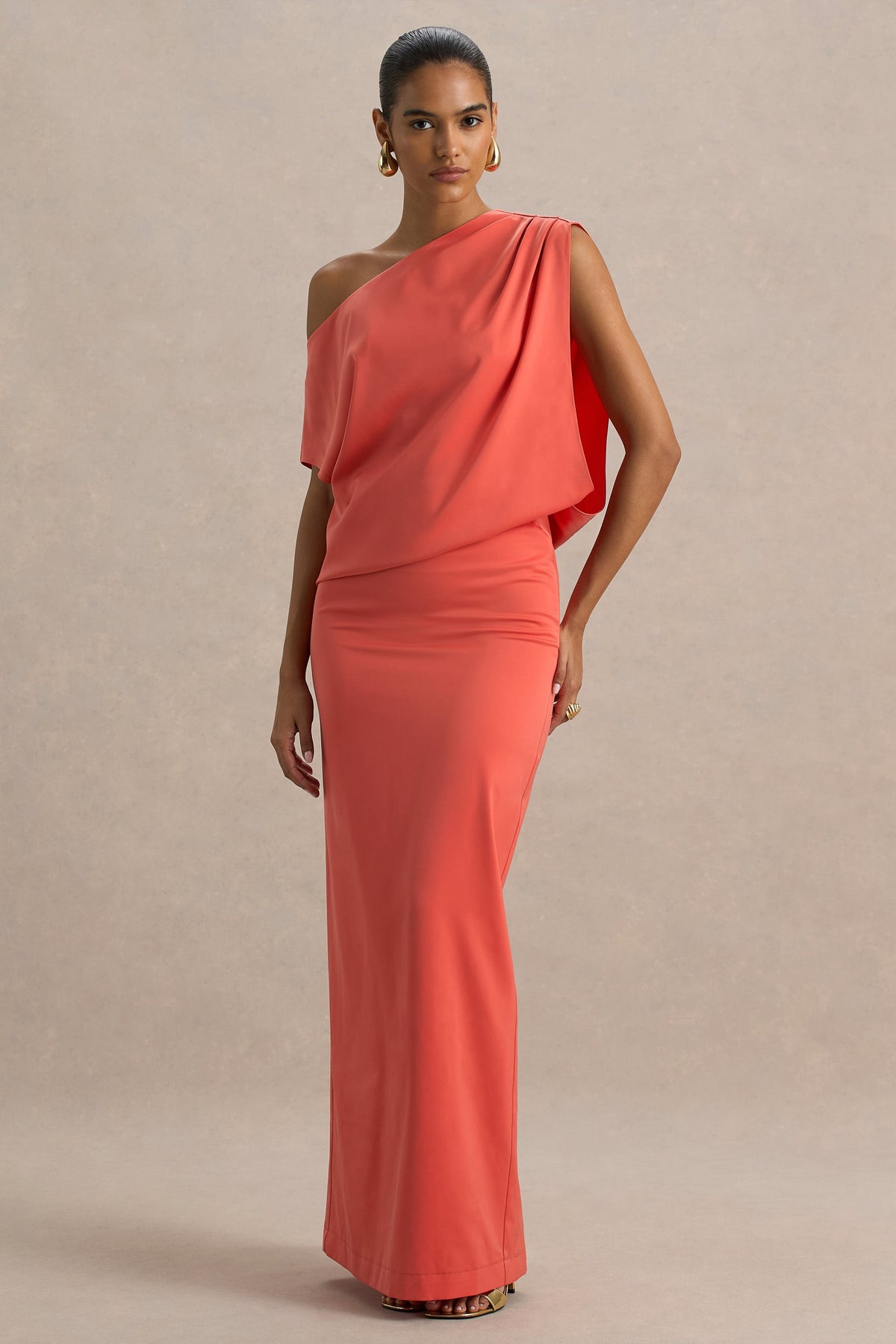 Ronnie | Coral Satin Asymmetric-Neck Maxi Dress With Draping Detail
