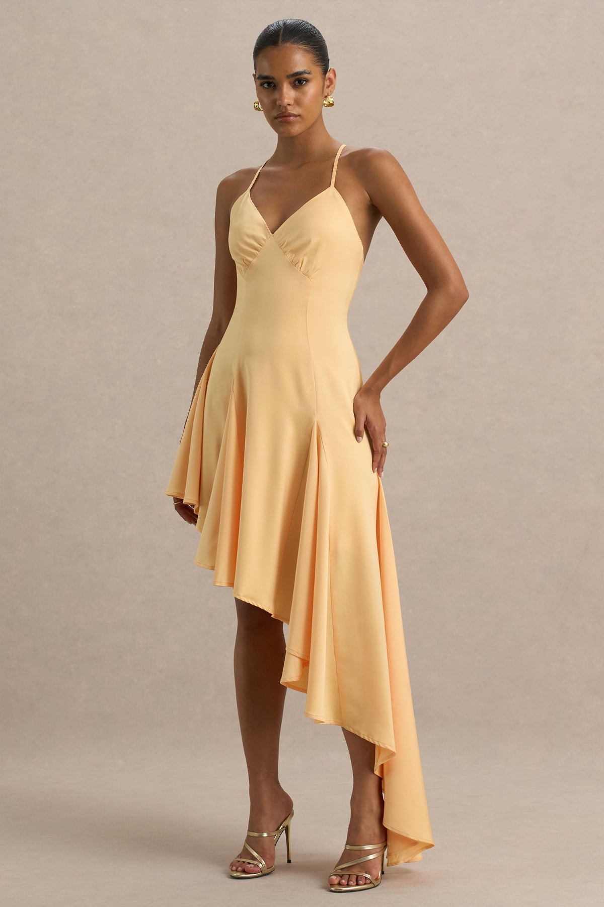 Glint | Peach Satin Plunge-Neck Maxi Dress With Asymmetric Hem