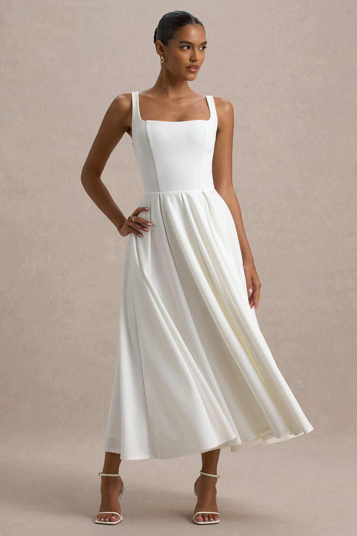 Parina | White Scuba Square Neck A-Line Midi Dress