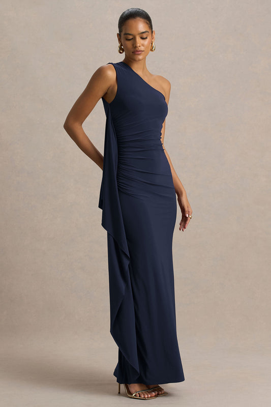 Adelina | Navy One-Shoulder Maxi Dress With Drape