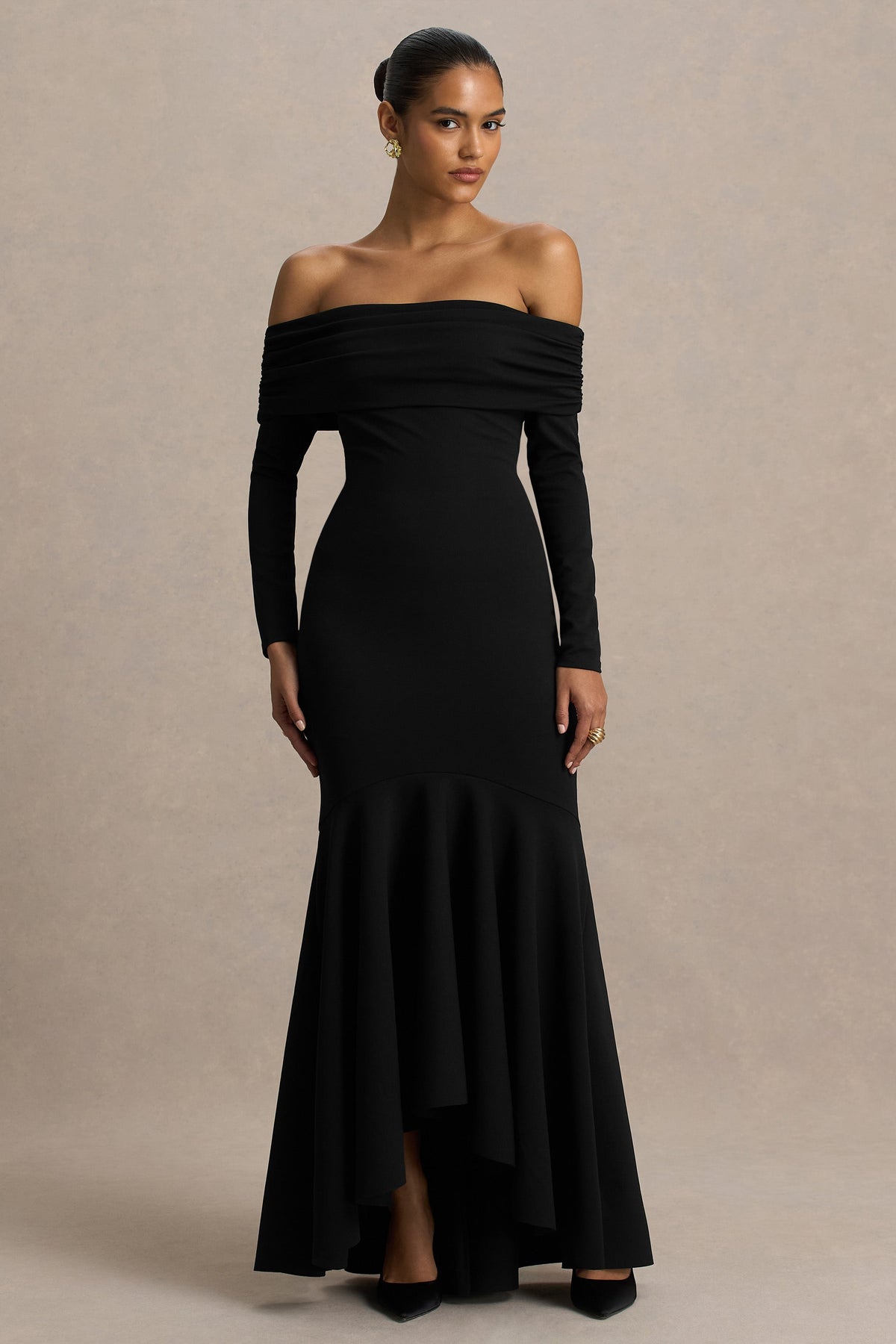 Everlasting | Black Bardot-Neck Maxi Dress With Pleated Detailing