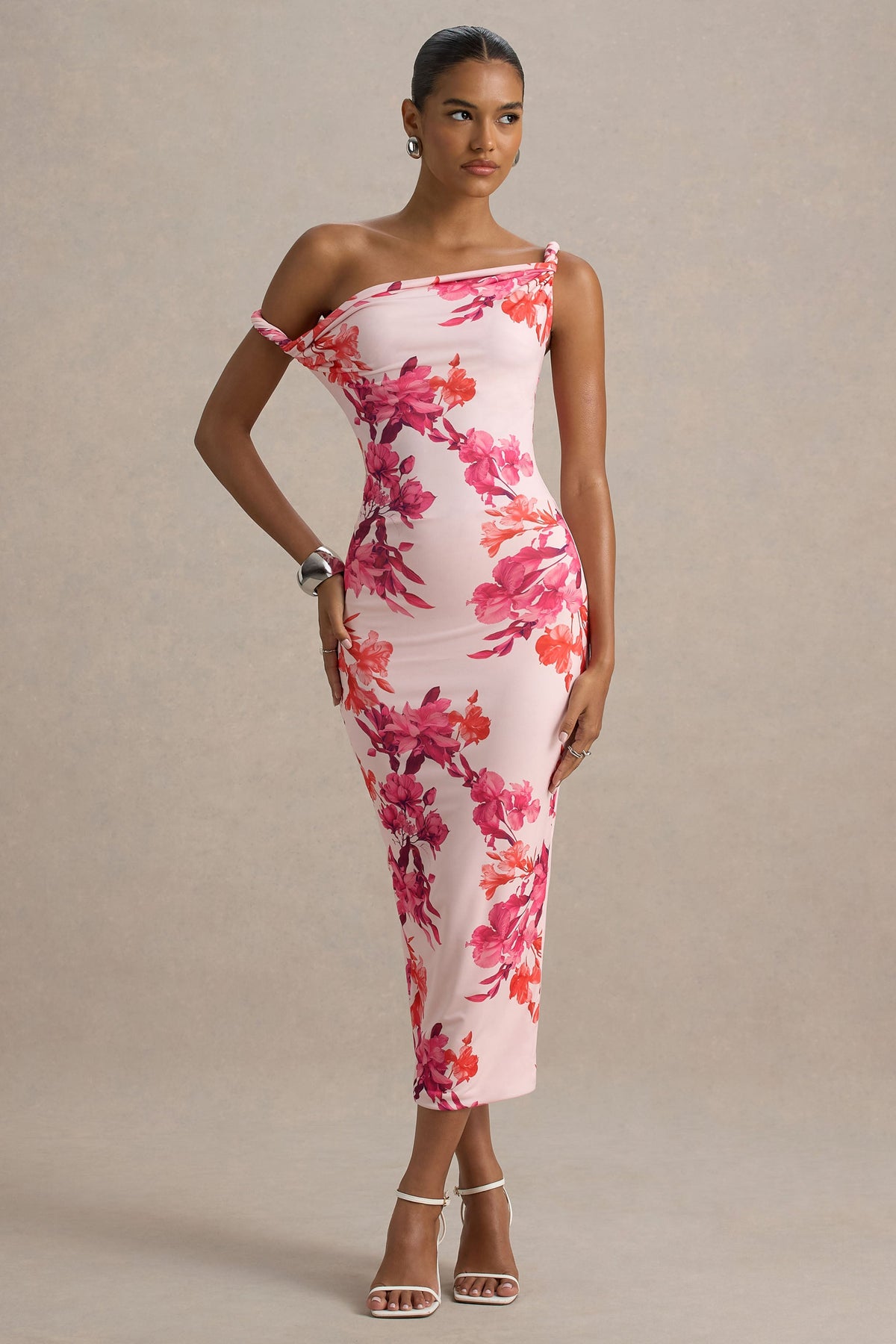 Tatian | Pink and Orange Floral Print Twisted Asymmetric Midi Dress