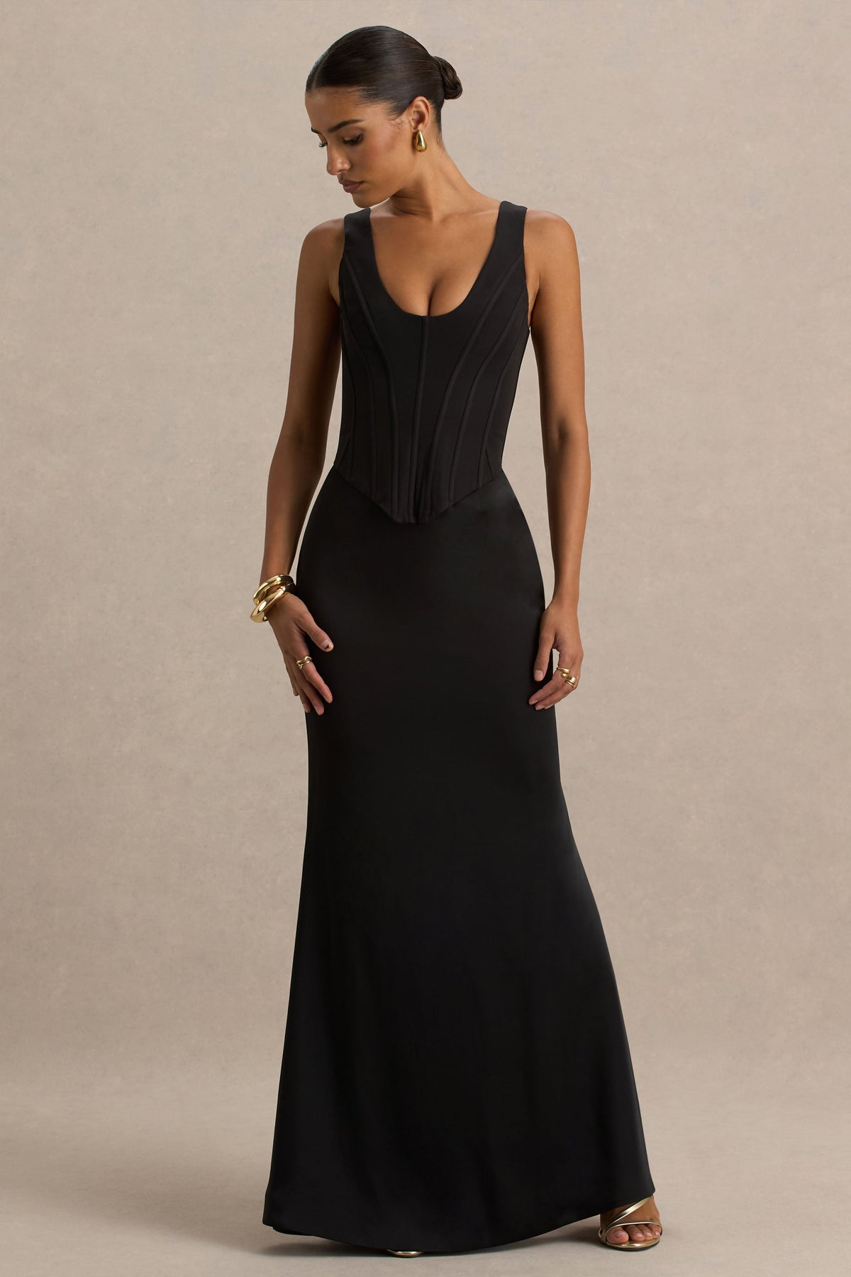 Morgan | Black Satin Corset Maxi Dress