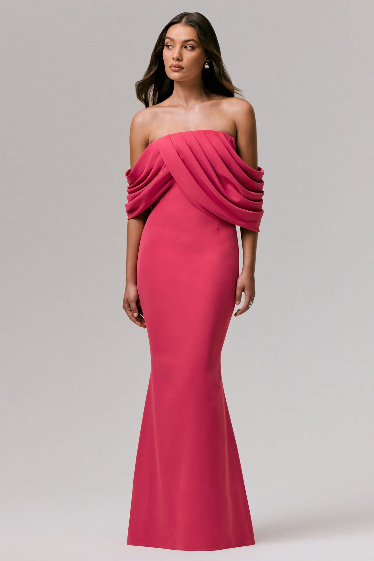 Serene | Hot Pink Draped Bardot Maxi Dress