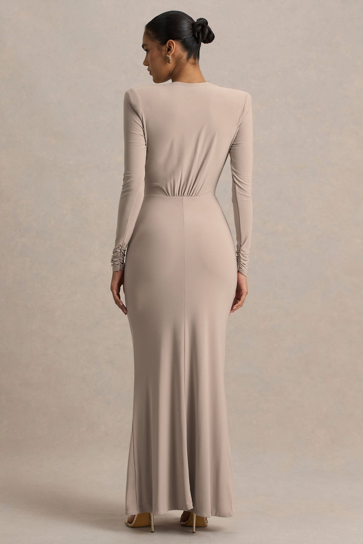 Flashy | Champagne Plunge-Neck Maxi Dress With Ruched Detailing