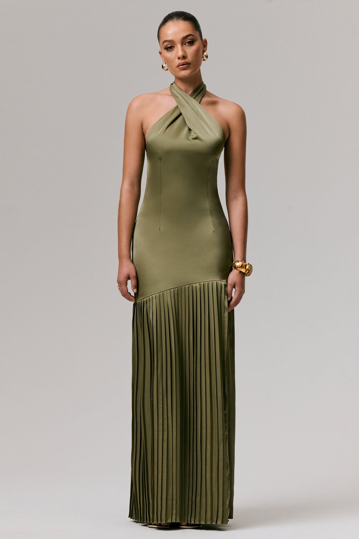 Sansa | Khaki Satin Cross Halter-Neck Plisse Maxi Dress