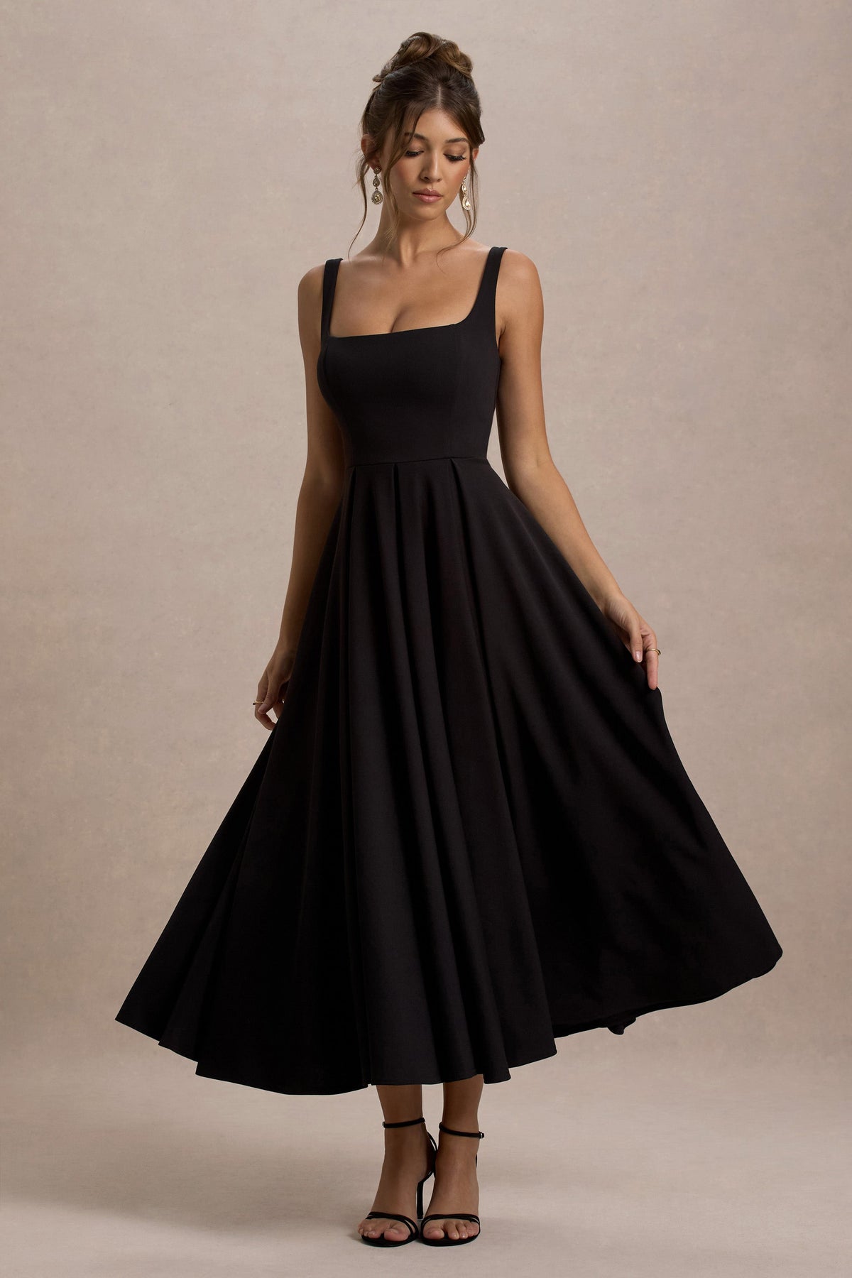 Parina | Black Scuba Square Neck A-Line Midi Dress
