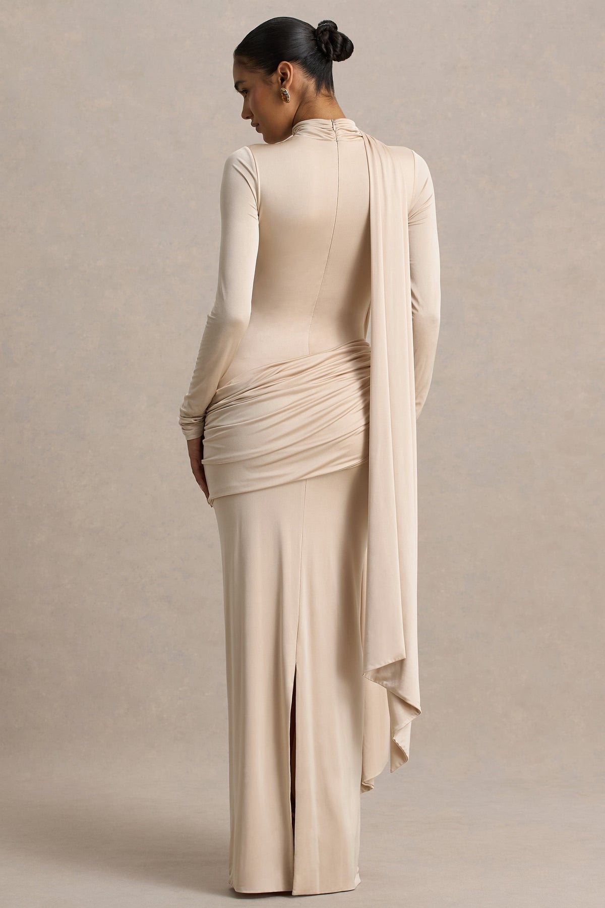 Romi | Champagne High-Neck Maxi Dress With Ruched Detailing