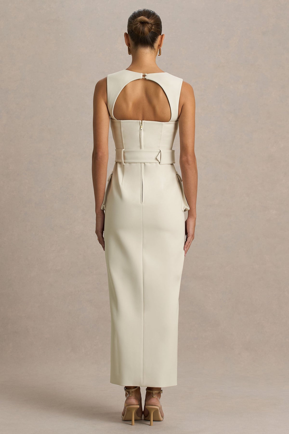 Sandra | Nude Square-Neck Tailored Maxi Dress With Front-High Split