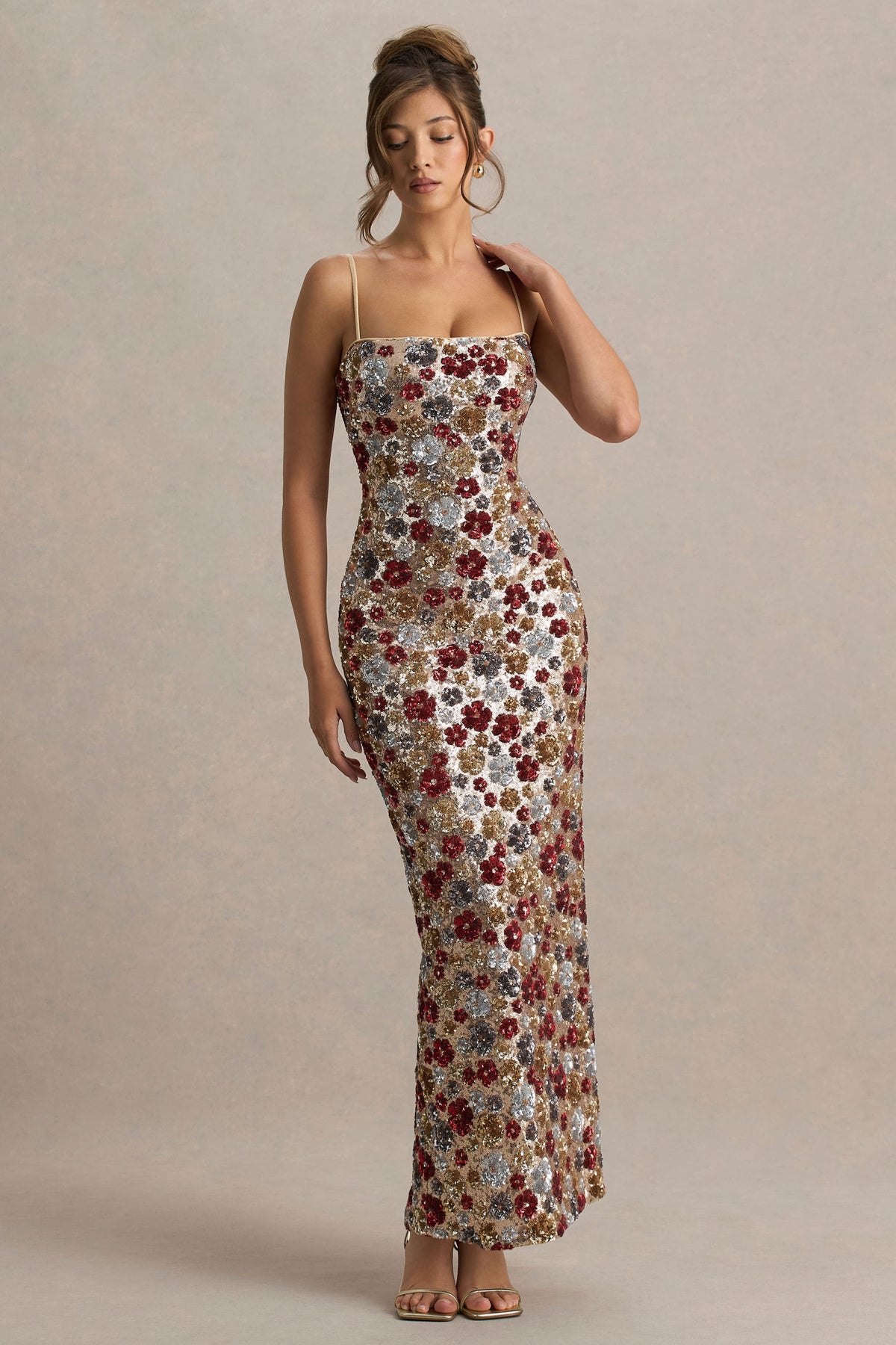 Vitora | Red Floral Sequin Bandeau Maxi Dress With Back Split