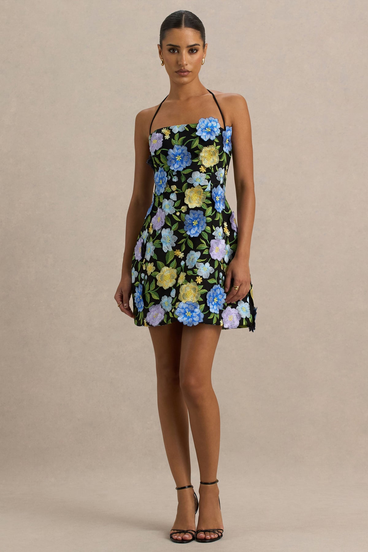 Aisha | Black Floral Embellished Square-Neck Mini Dress