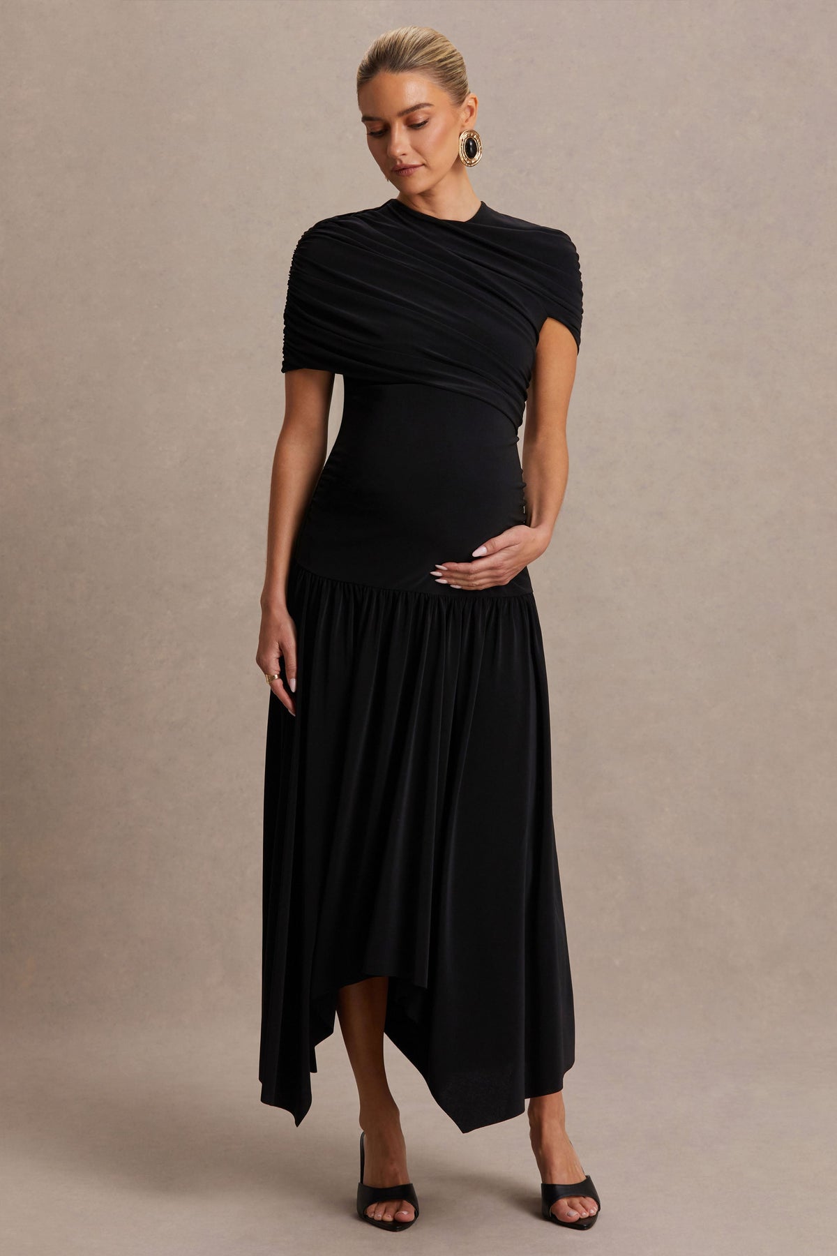 Eleni | Black Crew-Neck Maternity Maxi Dress With Cape-Sleeves And Drop Waist