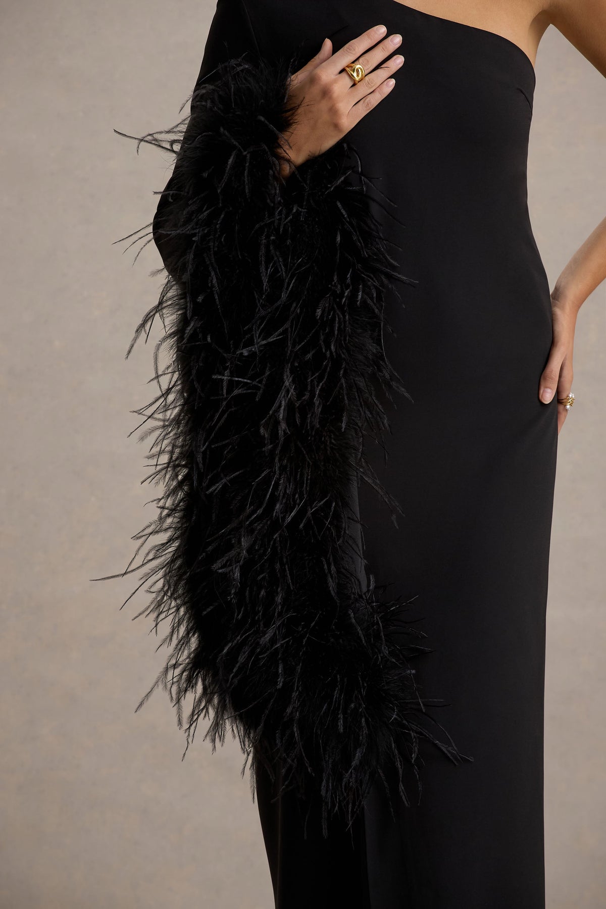 Armina | Black One-Shoulder Feather-Trim Maxi Dress