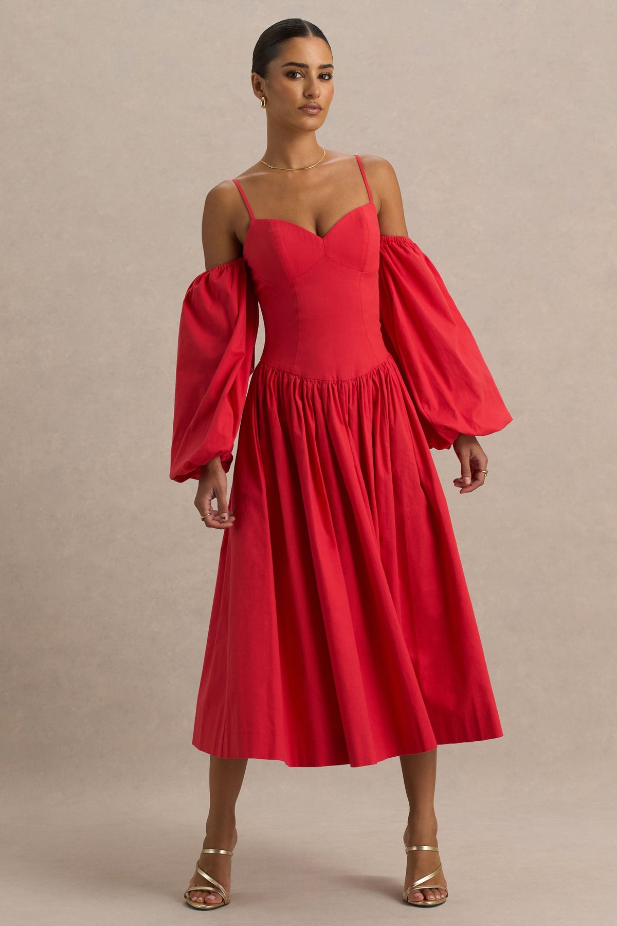 Macie | Red Sweetheart Midi Dress With Balloon Sleeves