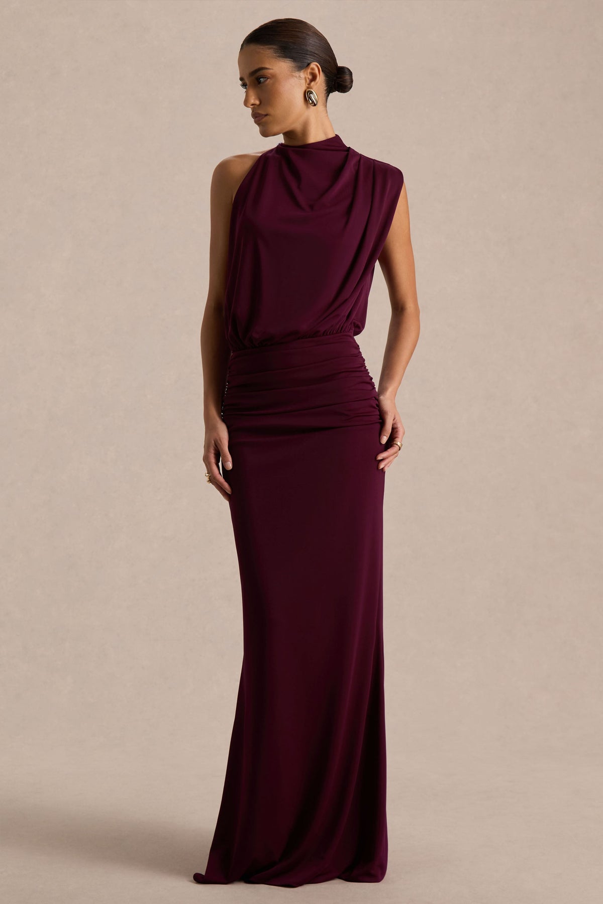 Umaira | Burgundy Ruched High Neck Maxi Dress With Draped Detailing