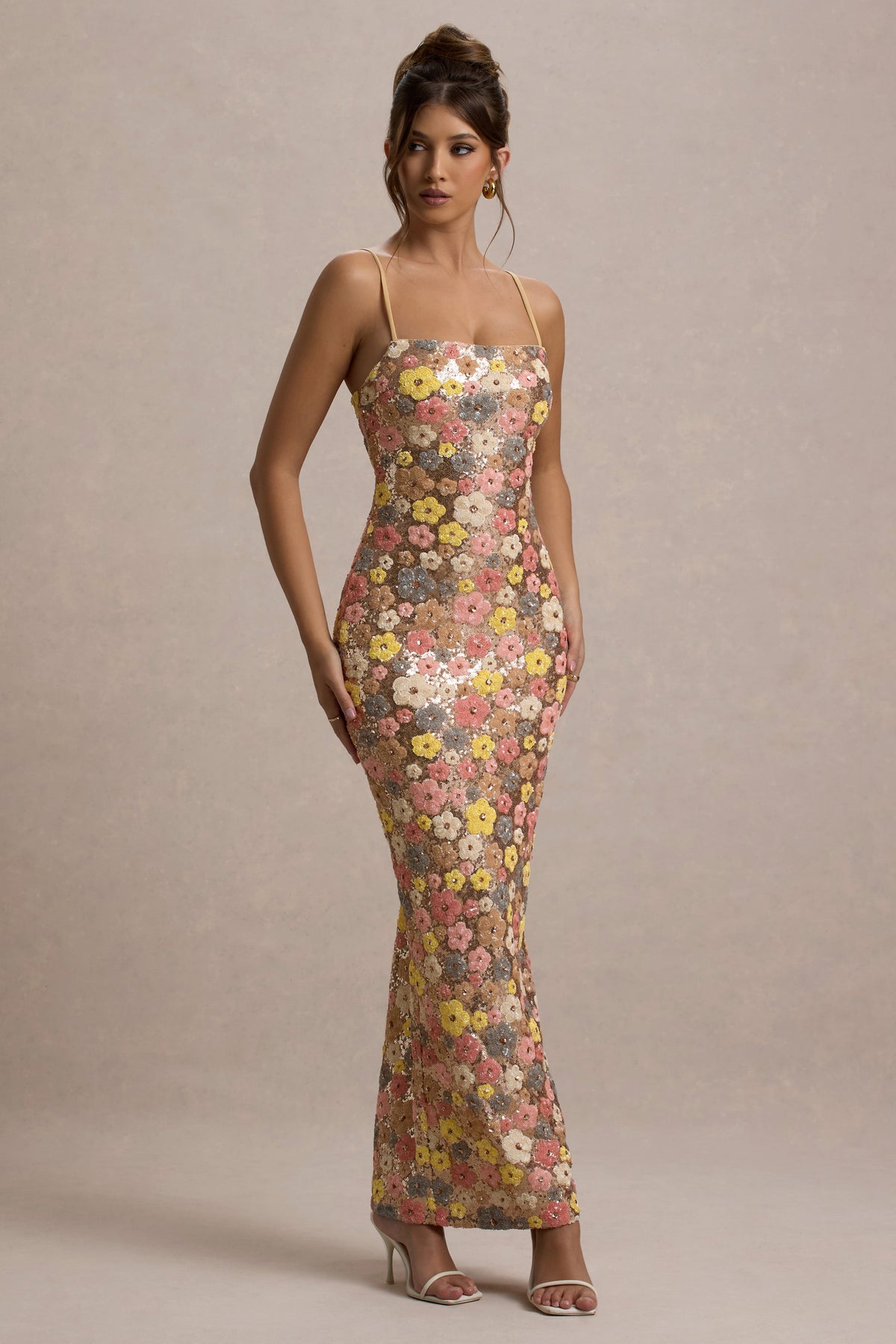 Vitora | Pastel Floral Sequin Bandeau Maxi Dress With Back Split
