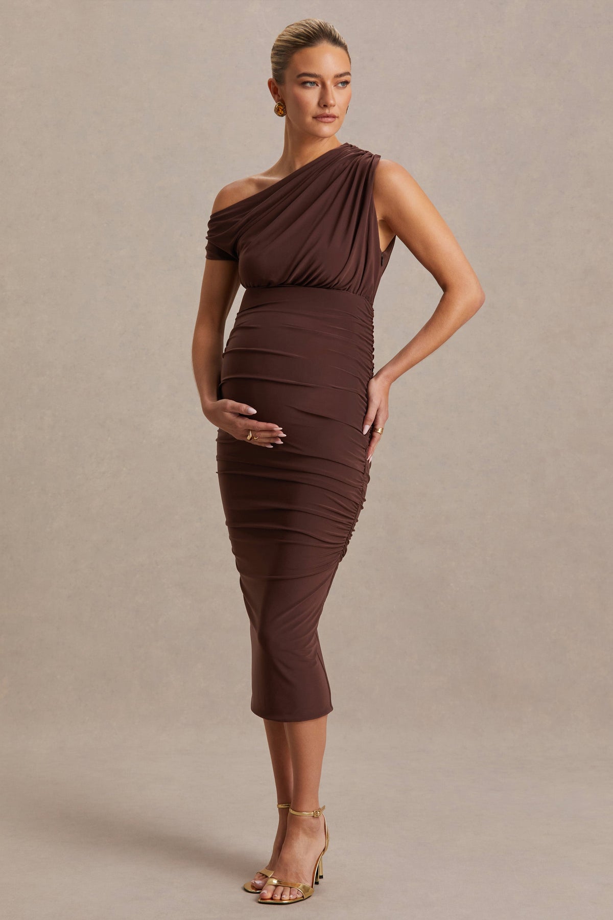 Linnea | Brown Asymmetric-Neck Maternity Midi Dress