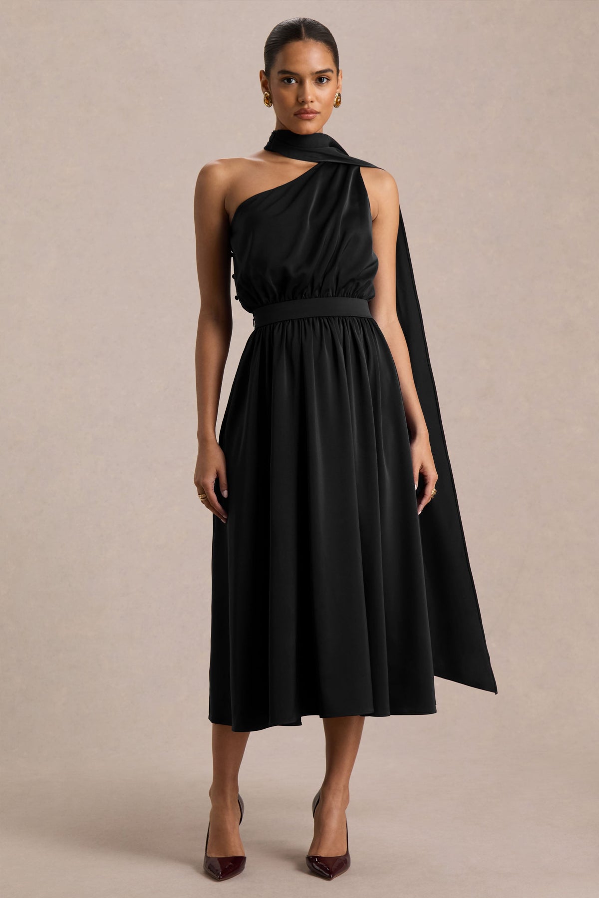 Caluna | Black Satin Asymmetric-Neck Midi Dress With Scarf-Detail