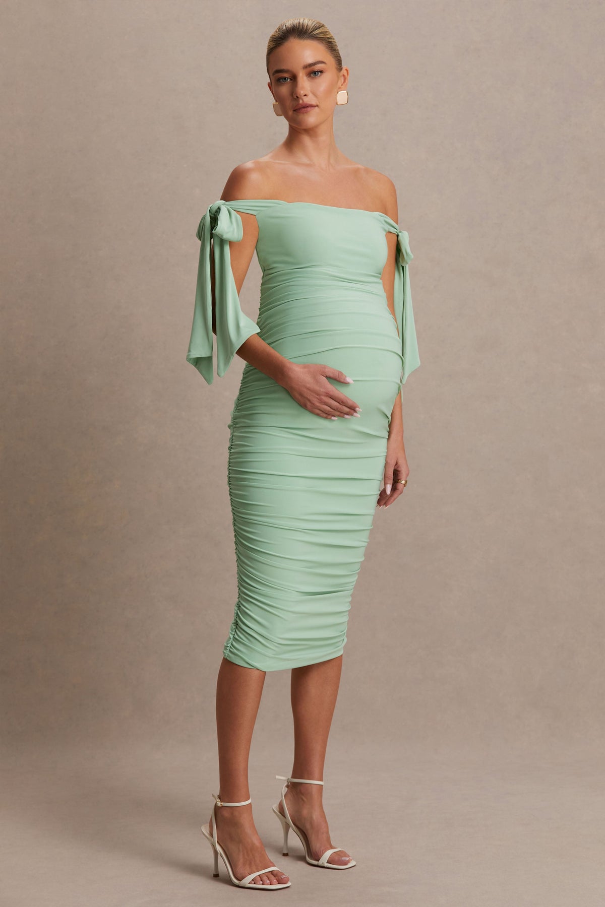 Chandelier | Light Green Bardot Maternity Midi Dress With Bow Details