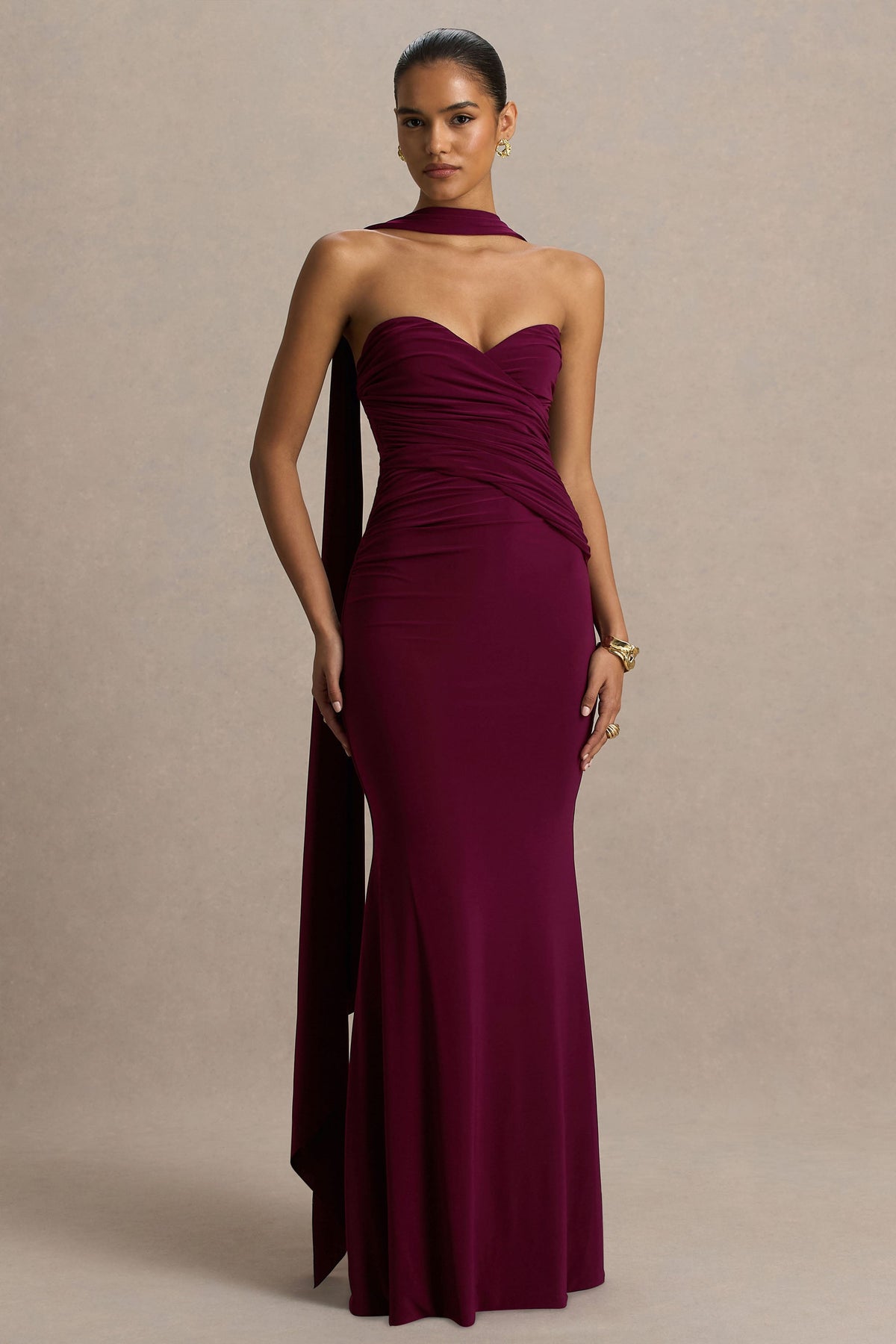 Leila | Burgundy Sweetheart Maxi Dress With Scarf
