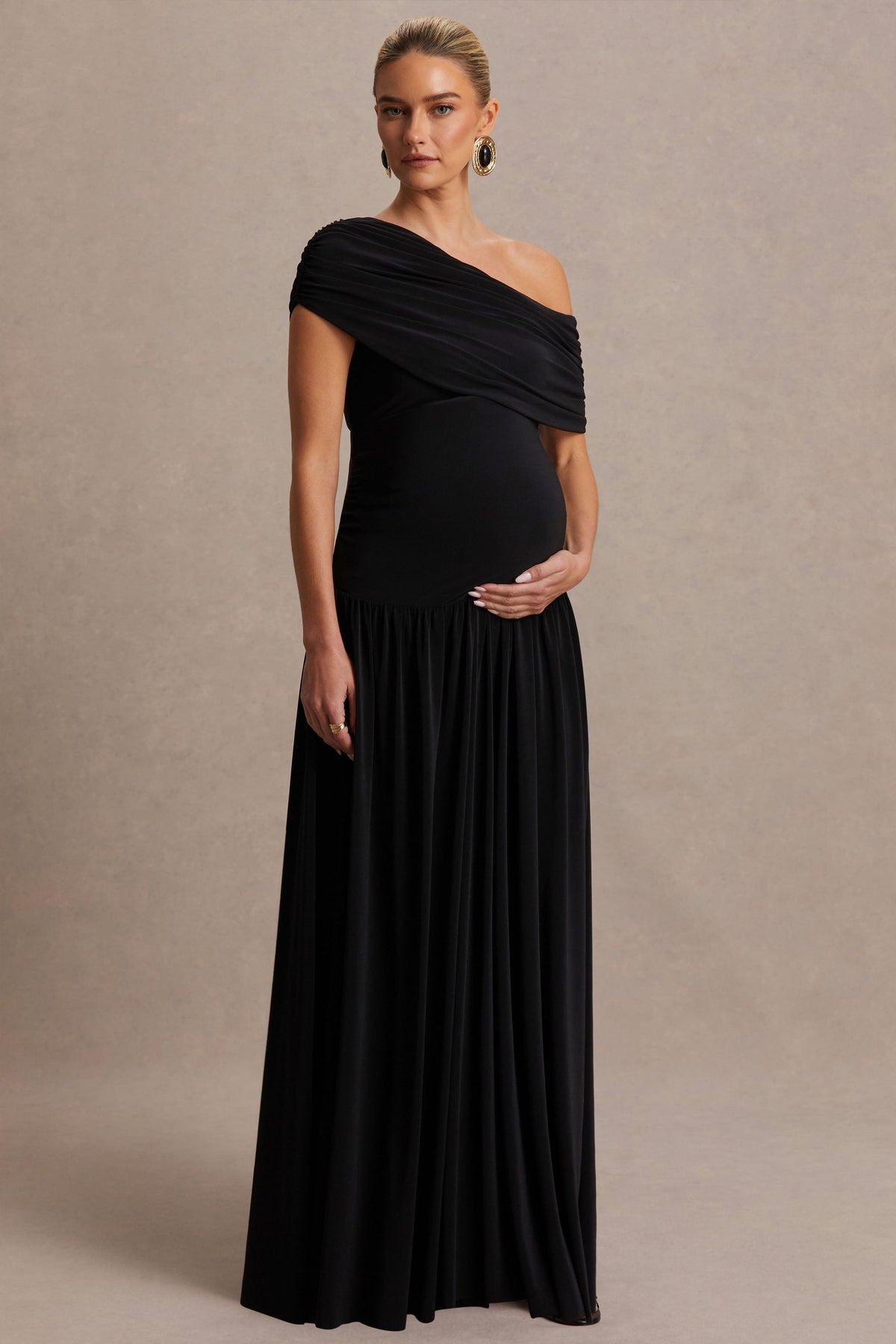 Noah | Black Jersey Ruched One Shoulder Maternity A-Line Maxi Dress With Drop Waist