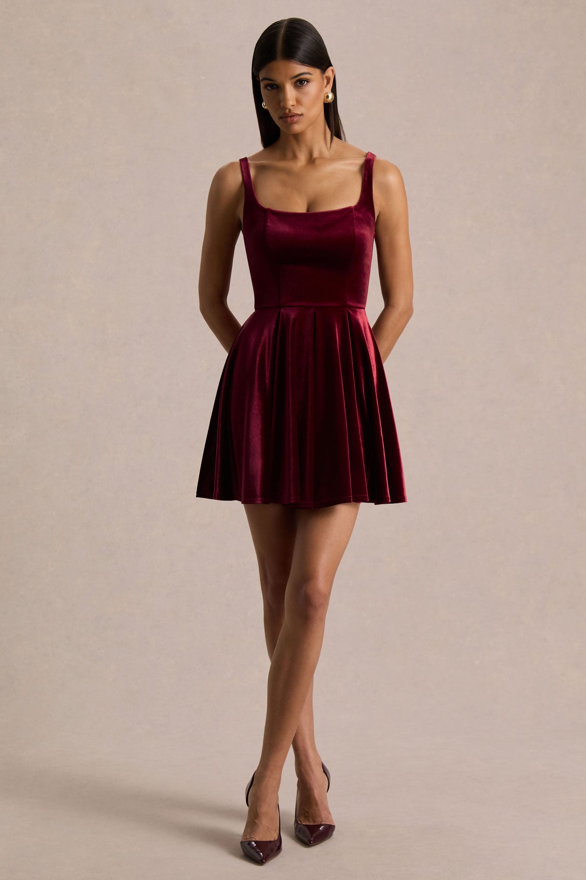 Roxanne | Burgundy Velvet Square-Neck Mini Dress