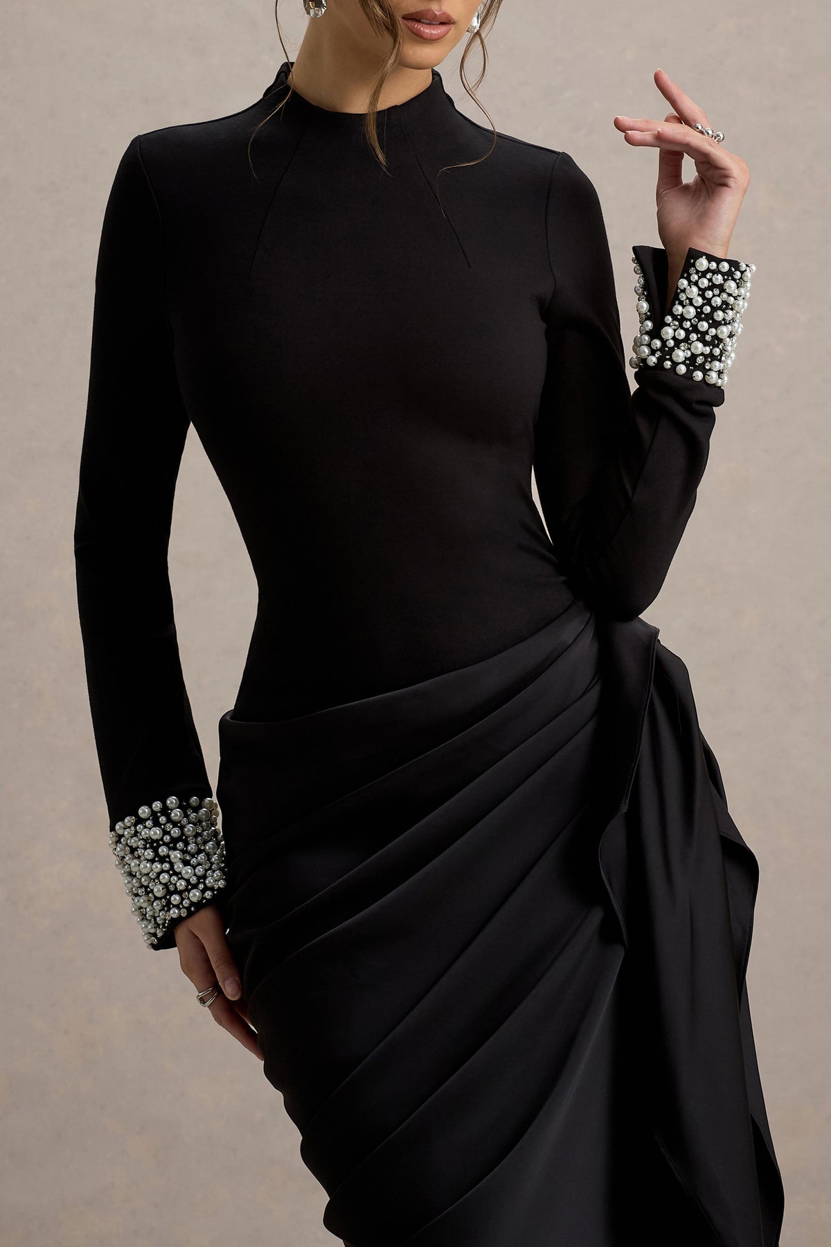 Luanna | Black Satin Long-Sleeve Midi Dress With Draped Skirt And Embellised Cuffs