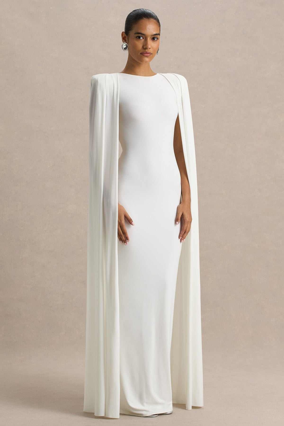 Mimi | White Jersey Round Neck Long Sleeve Maxi Dress With Cape