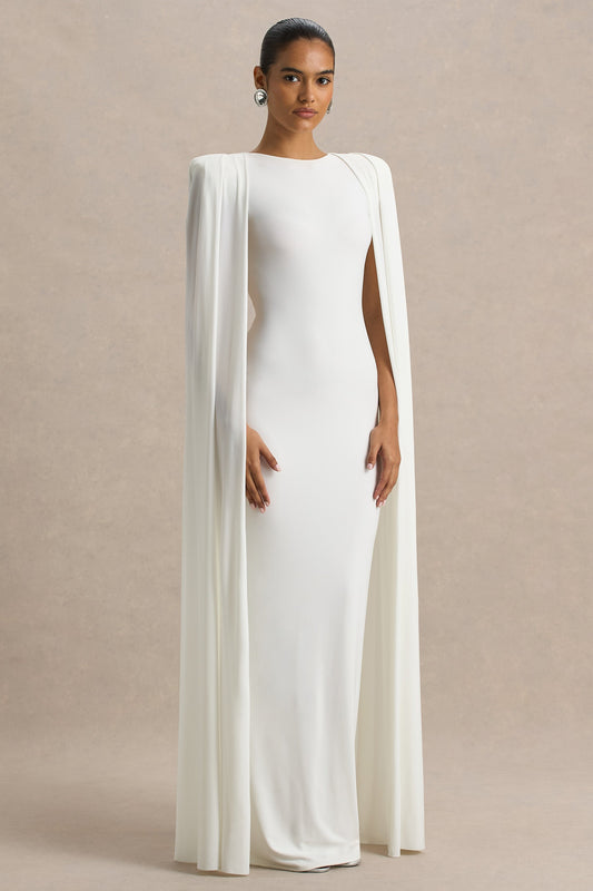 Mimi | White Jersey Round Neck Long Sleeve Maxi Dress With Cape