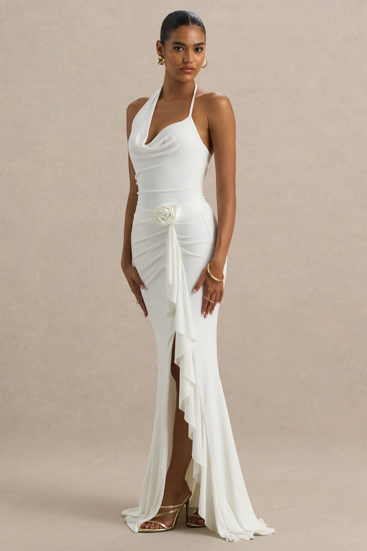 Lucena | White Cowl-Neck Maxi Dress With Corsage Detail And Front High Split