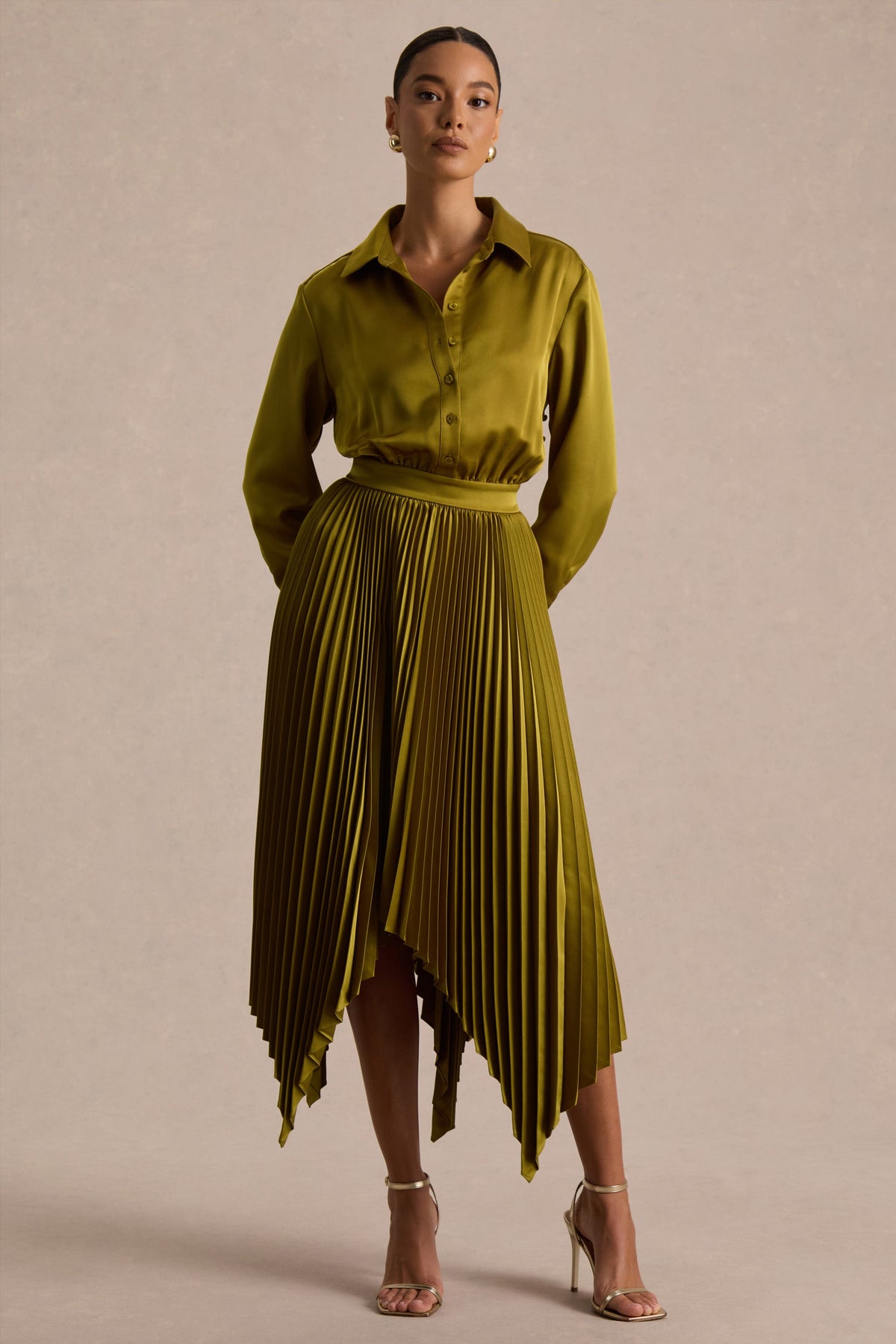 Naxos | Olive Satin Shirt Maxi Dress With Pleated Skirt