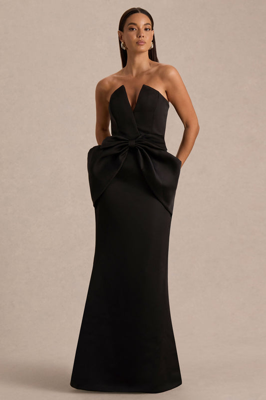 Sonata | Black Satin Bandeau Maxi Dress With Bow Detail