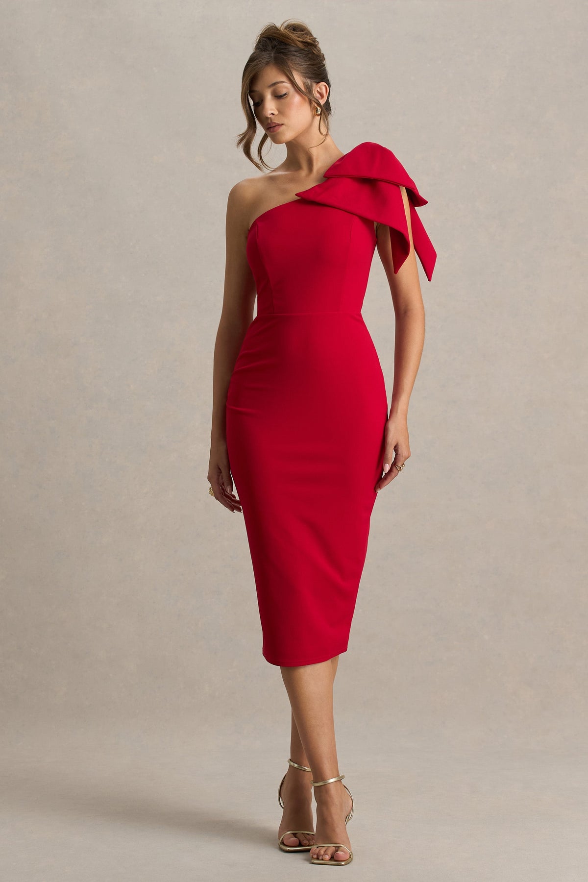 Ambretta | Red One-Shoulder Midi Dress With Bow