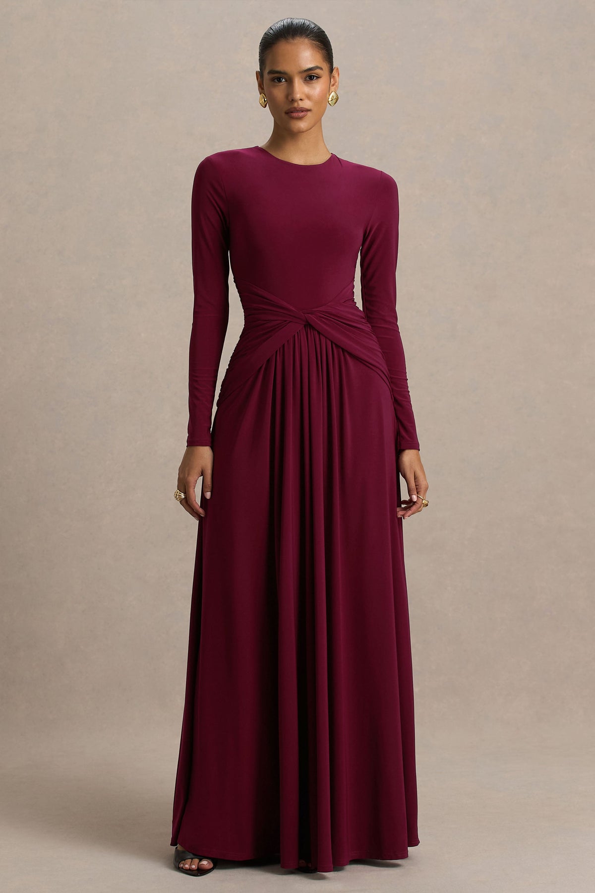 Estrella | Berry High-Neck Maxi Dress With Ruched Detailing