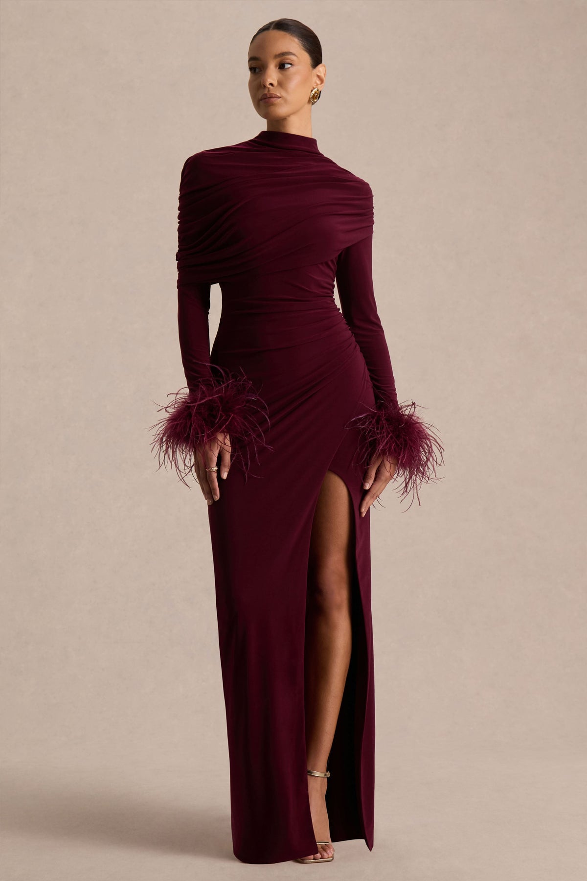 Gatsby | Burgundy High-Neck Maxi Dress With Feather Trim Cuffs